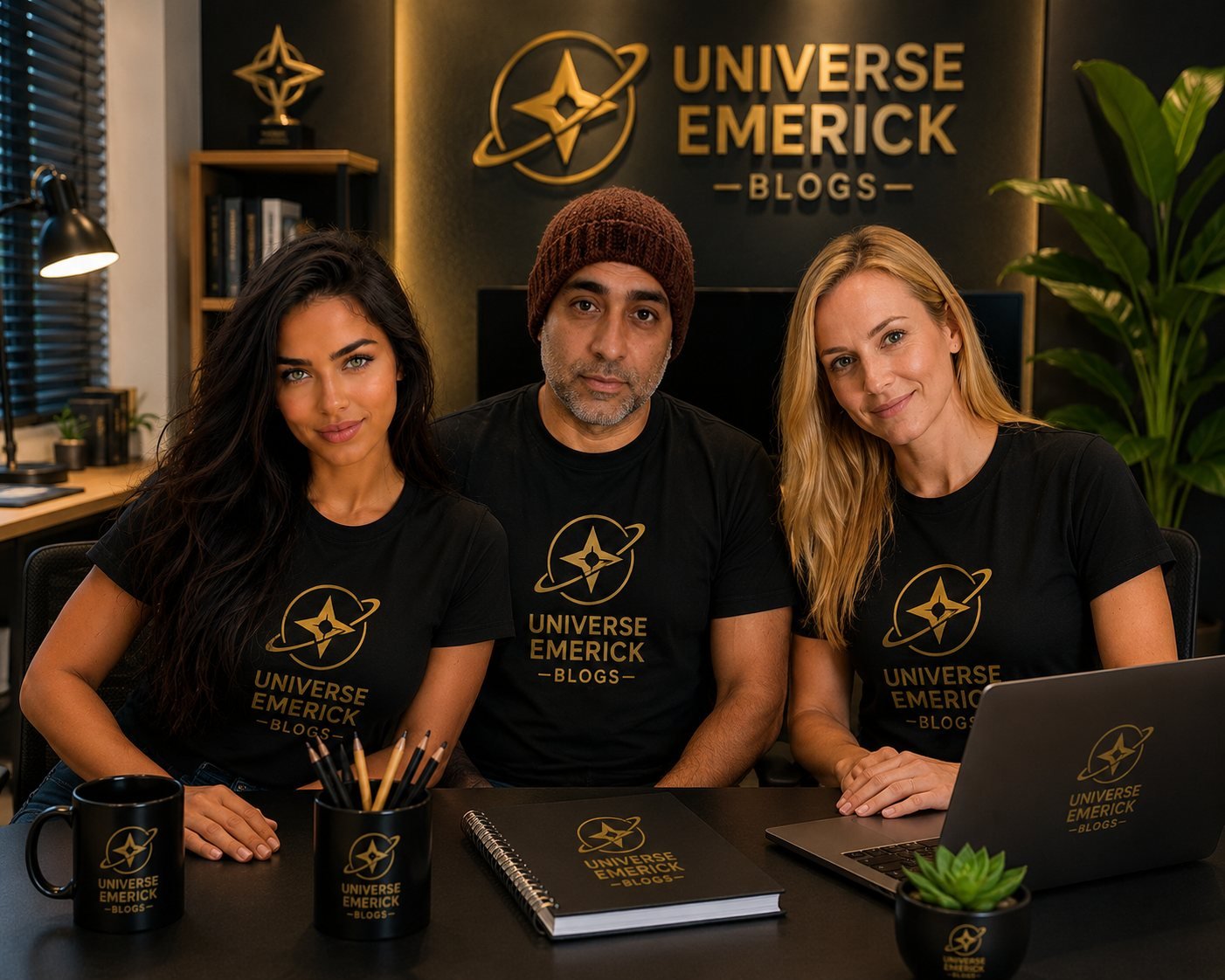 Equipe Universe Emerick Blogs em escritório preto e dourado, vestindo camisetas com a logomarca da estrela em órbita